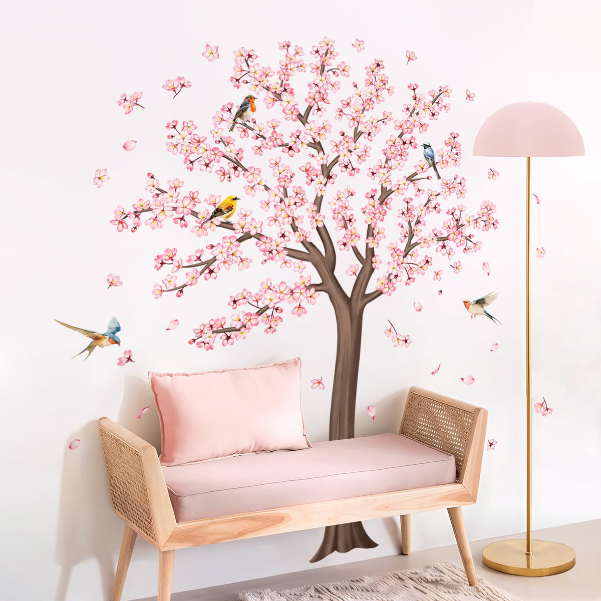 Large Cherry Tree Wall Decals, Pink Flower Blossom Tree Wall Stickers Vinyl Peel and Stick Wall Decal Self Adhesive Wall Art Sticker for Home Aisle Bedroom Office Sofa Backdrop Wall Decor (H 62.6in)