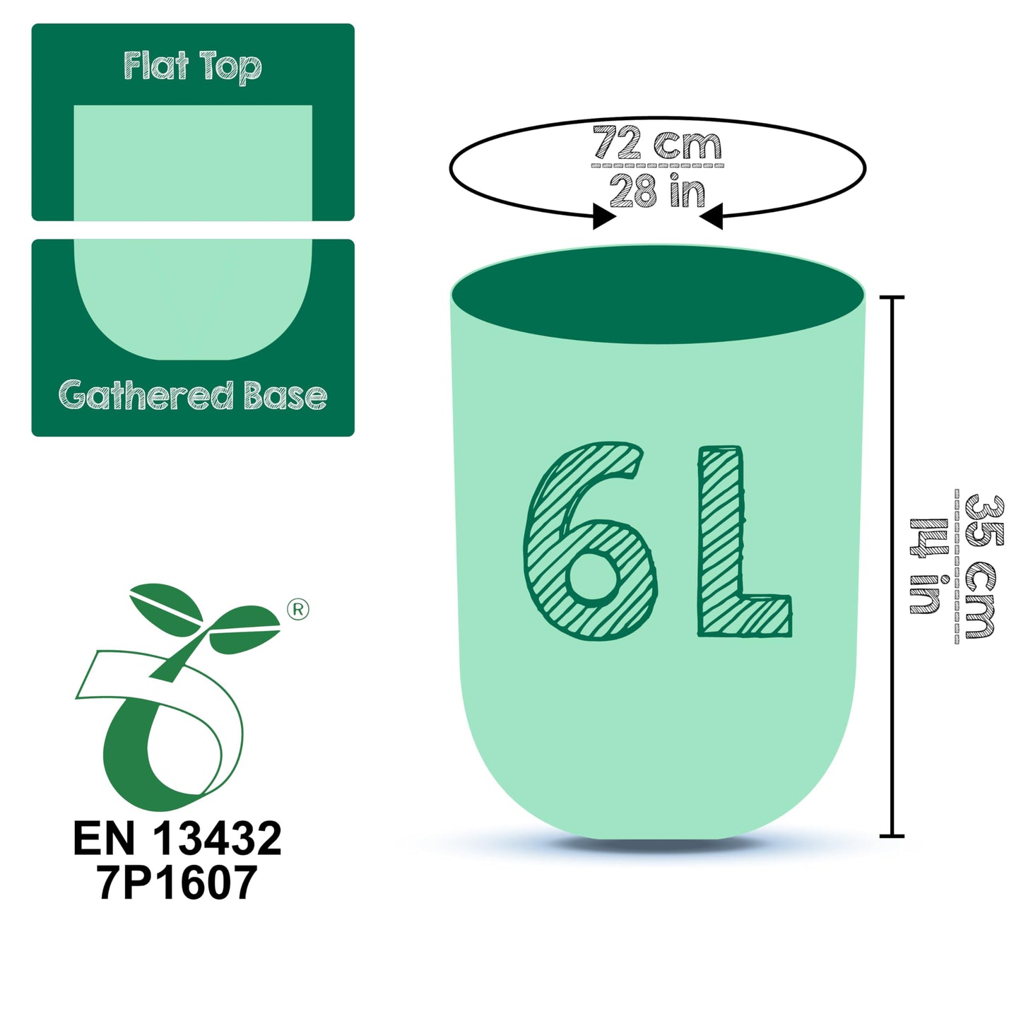 Greener Walker 6L-150Bags 100% Compostable Biodegradable Bin Liners 6L/10L/30L Food Waste Bags with EN13432 Certificate Caddy Kitchen Bin Liners