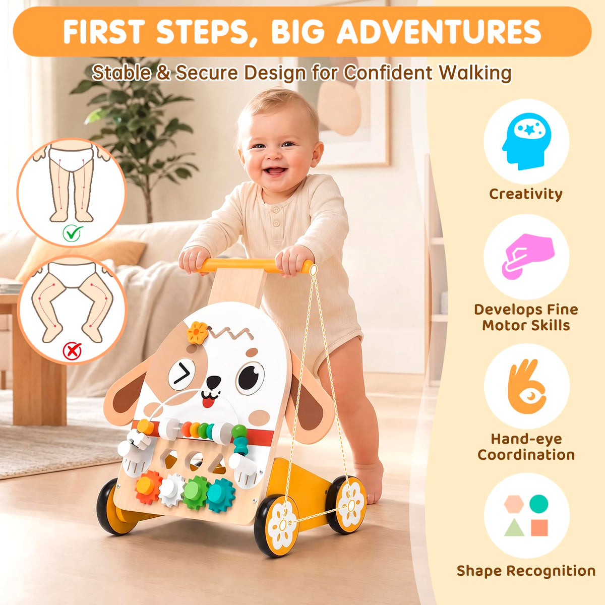 Yuyctwg Wooden Baby Walker, 6-in-1 Push Walker for Toddlers
