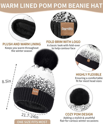 Winter Beanie Hat Scarf Gloves Set for Women, 3 PCS Warm Beanie with Pom Pom Long Knit Neck Scarf Touchscreen Gloves Fleece Lined Hat Winter Gifts for Cold Weather Birthday Christmas Gifts for Adult