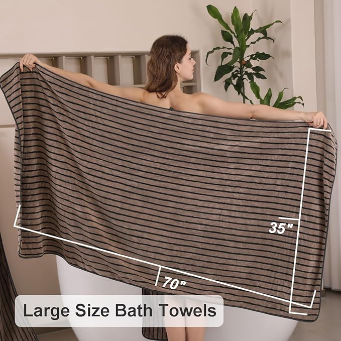 8 Pcs Polyester Brown Cabana Stripe Large Bath Towel Set-2 Bathroom Towels