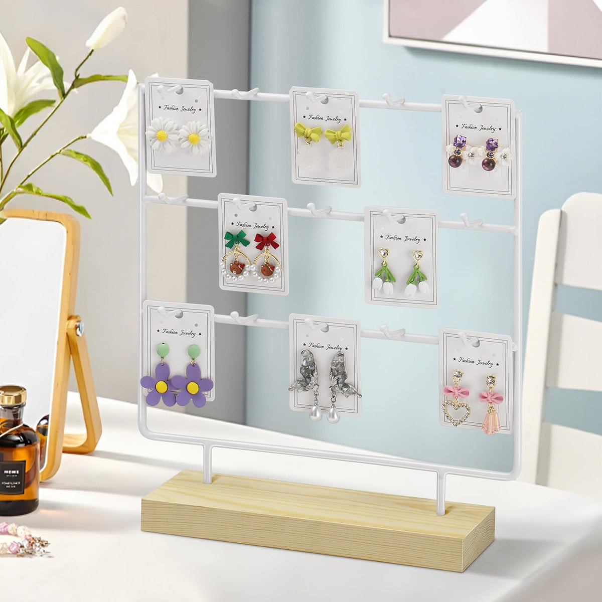 shidaishiye Earring Display Stand for Selling, Wood Earring Rack Tower Display Holder Stand (3 Tier,15 Hooks, White)