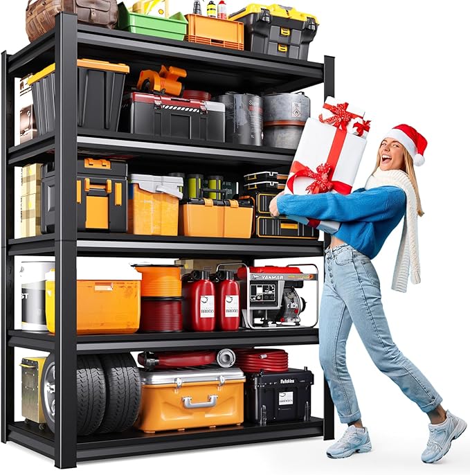 71" H-46 W Garage Shelving Heavy Duty Storage Shelves, Metal Adjustable Shelving Unit, Utility Garage Organizer Shelf for Basement, Pantry, Kitchen, Warehouse, 20" D x 46" W x 71.2" H, Black