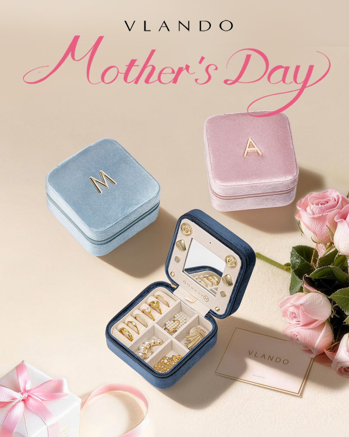 VLANDO Mothers Day Mom Gifts for Women, Travel Jewelry Case for Women, A Initial Jewelry Case, Mini Jewelry Travel Organizer Travel Essentials for Travel Gift- Letter A, Pink