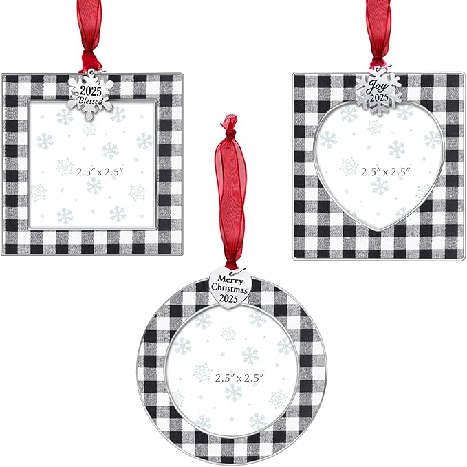 GUOER 3PCS Christmas Tree Ornaments Set Picture Frame Ornament Holiday Keepsake Gift Home Decor Christmas Decorations Xmas Gifts Pendant with 2.5” Photo Frame Insert (Black White 2025)