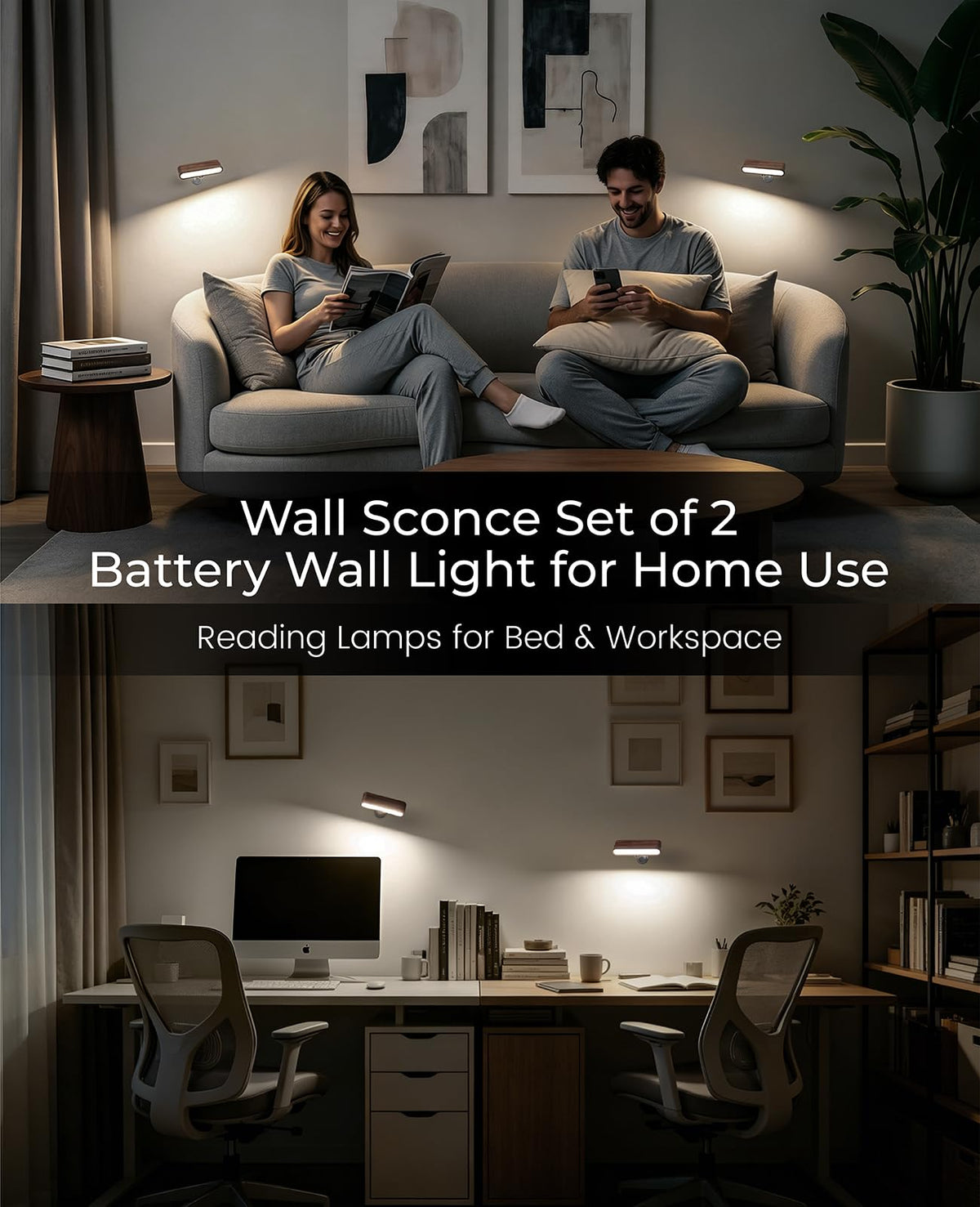 Wood LED Wall Sconce Magnetic 360°Rotate Mounted Mini Lamp Brightness Adjustable Nightlights Rechargeable Battery Powered Reading Light for Bedside Hallway Living Room Black Walnut Set of 2
