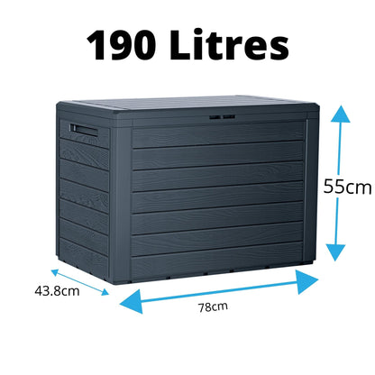 URBNLIVING Anthracite 190L Wood Design Outdoor Storage Box Garden Patio Plastic Chest Lid (Horizontal Stripes, Pack of One)