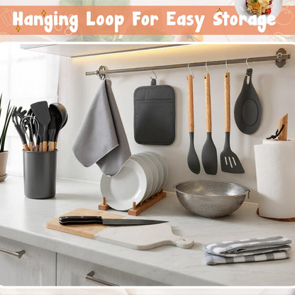 Hillsuren 37 Pcs Oven Mitts and Pot Holders with Silicone Kitchen Utensils Set Silicone Cooking Utensils Set with Holder, Kitchen Towels, Heat Resistant Gloves for Christmas Baking Cooking(Dark Gray)