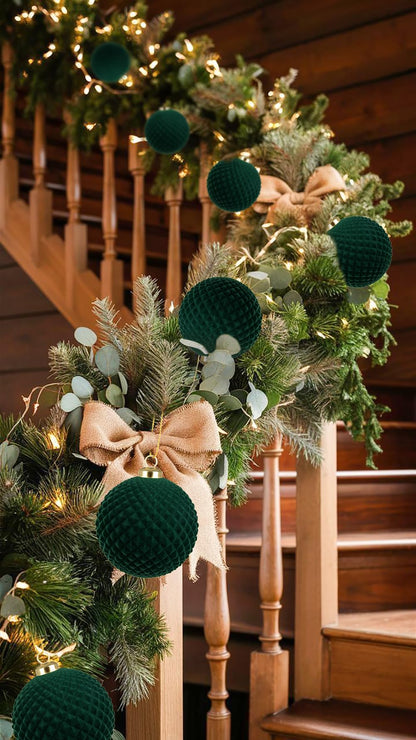 Velvet Christmas Ball Ornaments Set - 6 Pcs 4" Large Hanging Ball Christmas Tree Decorations Green Shatterproof Luxury Decor with Hanging Strings for Xmas Tree Decor Halloween Holiday Home Party