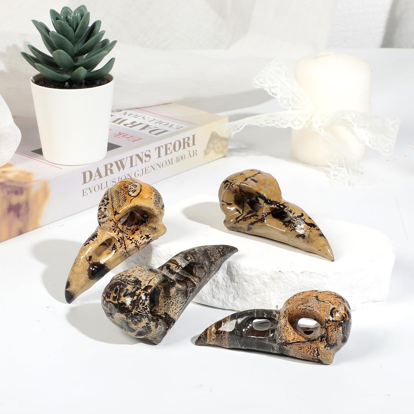 mookaitedecor Natural Grass Flower Jasper Stone Raven Skull Figurine, Gothic Raven Statue Animal Carving Sculpture for Collection Home Decor