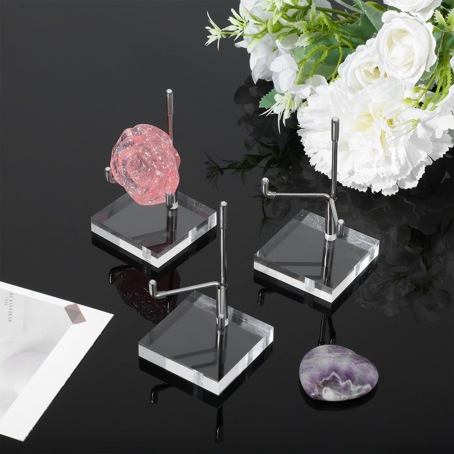 MBAIYO 16Pcs Adjustable Metal Arm Display Stand with Acrylic Base Display,Easel Holder for Rock Mineral Agate Fossil Coral Crystal Geodes Picture Decorative(Silver,1.96x1.96x3.22In)