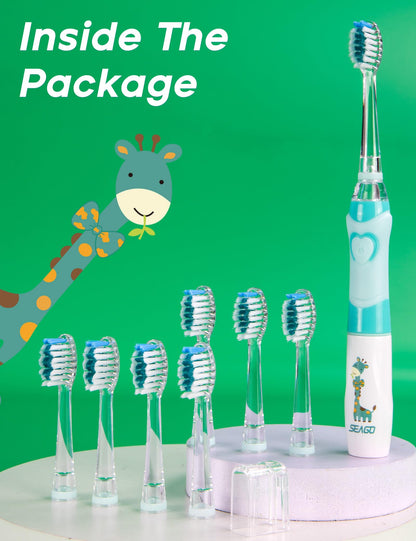 SEAGO Kids Electric Toothbrush with 2 Mins Brushing Timer and 8 Replacement Bursh Heads,Rainbow LED Light Make Brushing Fun, Pink Color Girls Battery Powerd Toothbrush for 4-12 Years Old