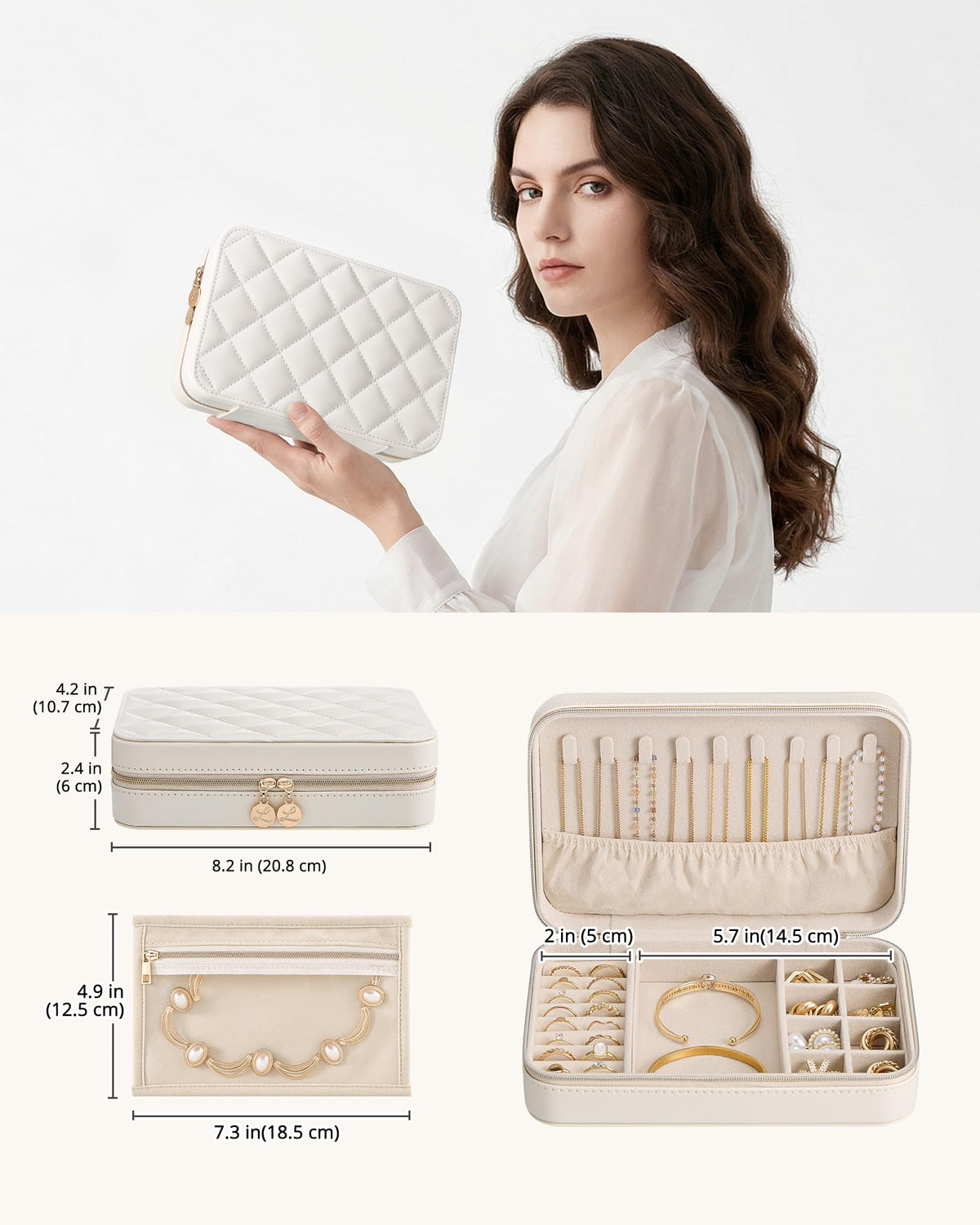 Lolalet Travel Jewelry Case for Women Girls, PU Leather Jewelry Organizer with Clear Storage Bag Small Portable Jewelry Box for Necklace Bracelet Earring Ring Mothers Day Birthday Gifts -Large/Beige