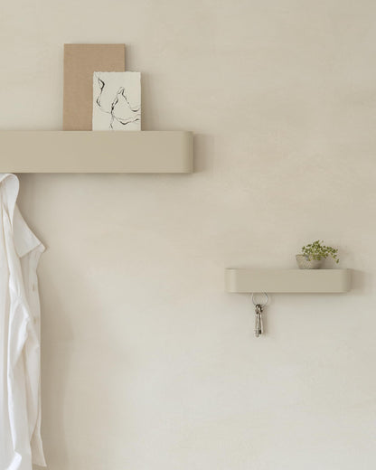 Kazai. Coat Rack Wall Mount with Shelf 'Tone' | Modern Design Coat Hanger with Hidden Hooks and Storage | Hat Rack with Shelf in Metal | Wall-Mounted Purse Organizer | Taupe