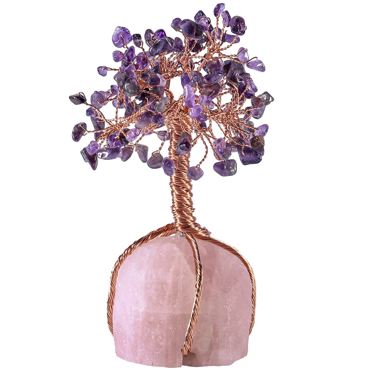 Cheungshing Crystal Copper Tree Wrapped with Raw Rose Quartz Base, Bonsai Tree for Home Office Living-Room Decor, Amethyst