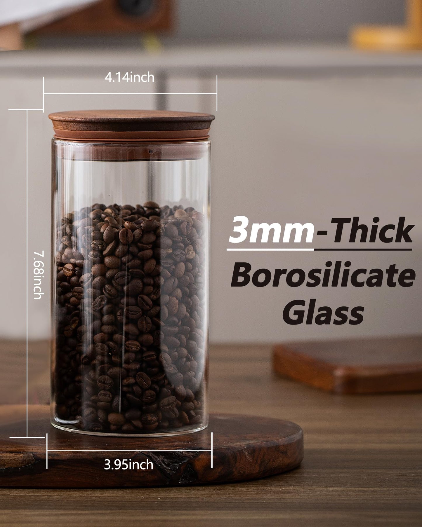 BOILMERIT 37 oz Coffee Canister with Scoop and Wooden Lids, Airtight Storage Container Sets of 2 for Ground Coffee & Beans, Glass Jars for Coffee Bar Organizer, Kitchen Countertop