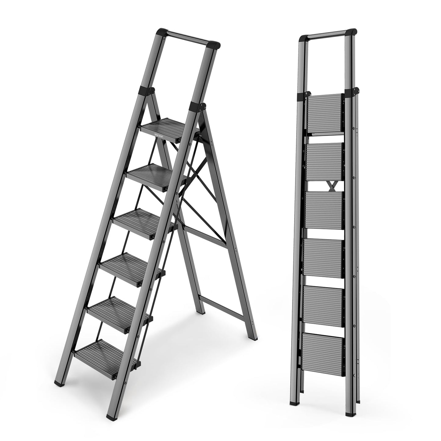 WOA WOA 6 Step Ladder for 12 Feet High Ceiling, Lightweight Foldable Ladder with Non-Slip Wide Pedals, Stepladder with Safe Handrail, Space Saving for Home, Kitchen, Indoor & Outdoor 300lbs - Black