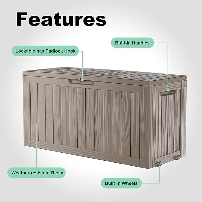 DRATO 75 Gallon Deck Box, Waterproof Resin Large Outdoor Storgae Box for Patio Furniture, Patio Cushions, Gardening Tools, Pool Supplies, Lockable（Gray，75 Gallon）