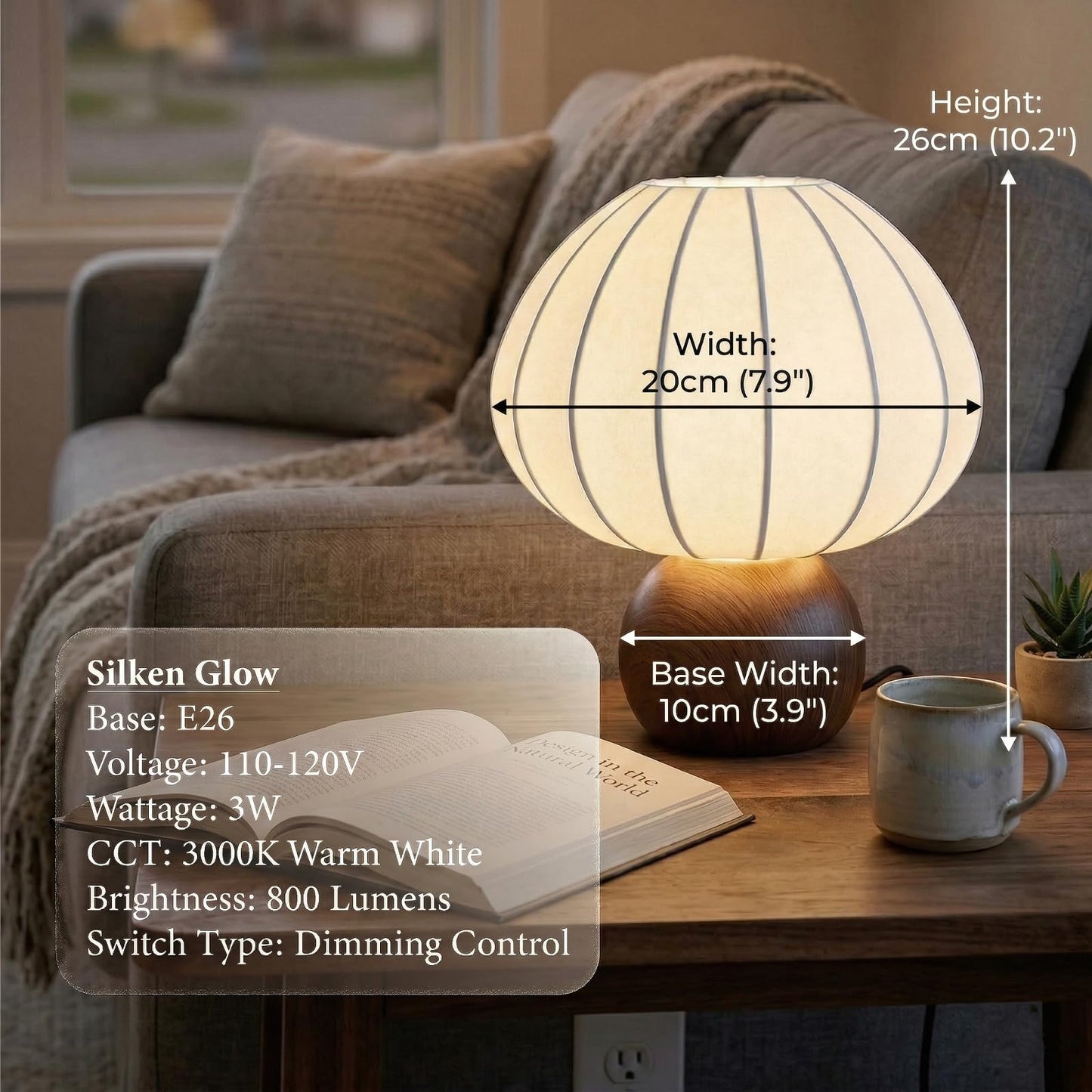 ARGO-HOME Mushroom Table Lamp, Metal Bedside Lamp with Stepless Dimming, Handcrafted Silk Lampshade Nightstand Lamp for Cozy Bedroom Living Room Kids Room