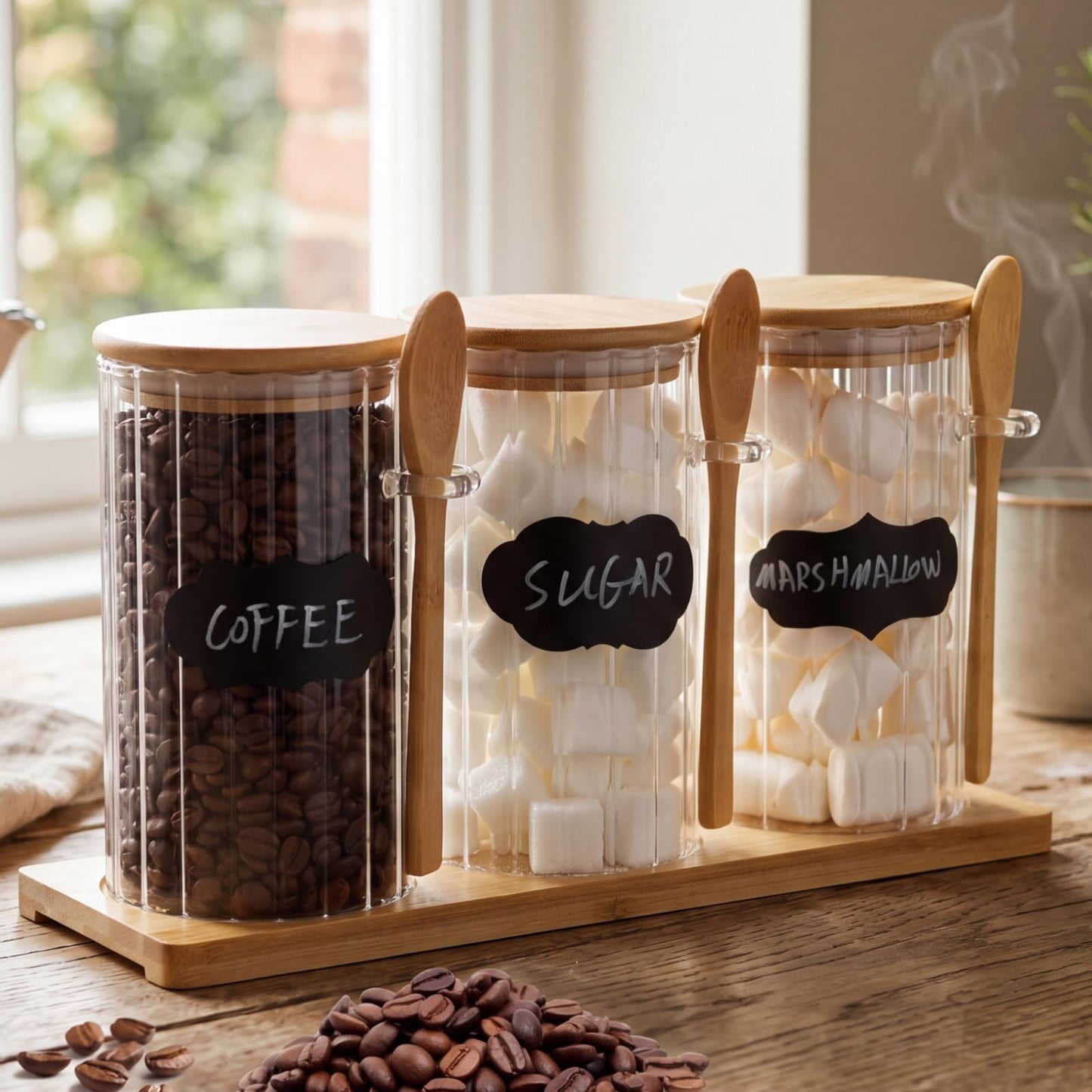 Yiyiring Set of 3 Glass Coffee Container with Bamboo Lids Spoons Labels 25 oz Clear Airtight Jar Food Storage Canister Set for Coffee Tea Sugar Decorative Countertop Organization Jars(Light Wood)