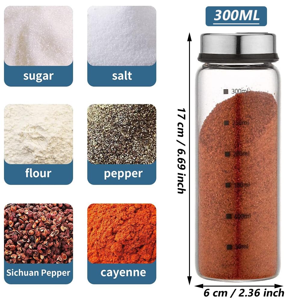 2 Pack 300ml Salt and Pepper Shakers, Salt Shaker with Adjustable Pour Holes, Spice Shaker, Glass Seasoning Shaker with Stainless Steel Lid, Spice Container for Kitchen
