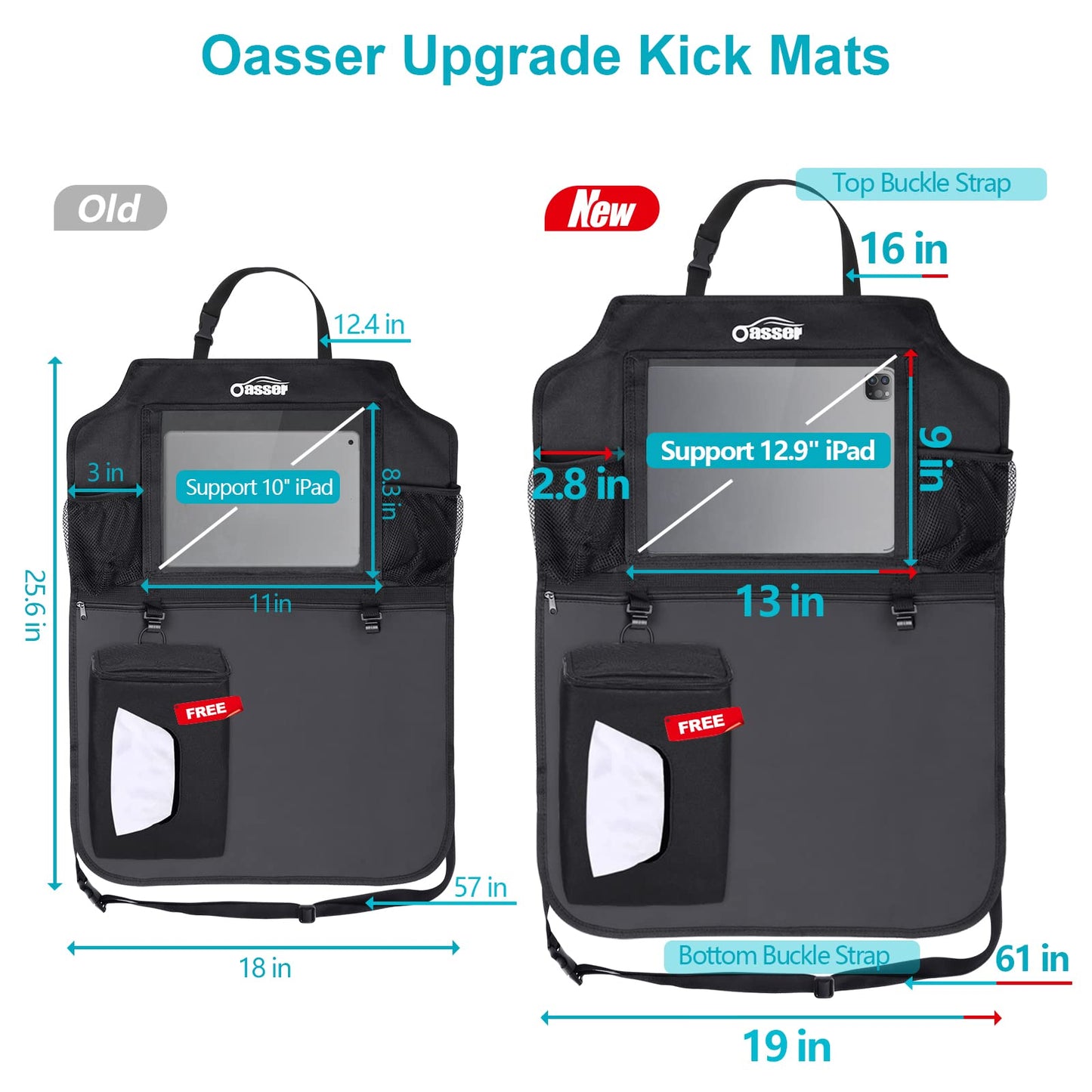 Oasser 2PCS Kick Mats Car Organisers Waterproof Seat Back Protectors with 12.9'' iPad Tablet Touch Screen Holder Multi Pockets Including Tissue Box
