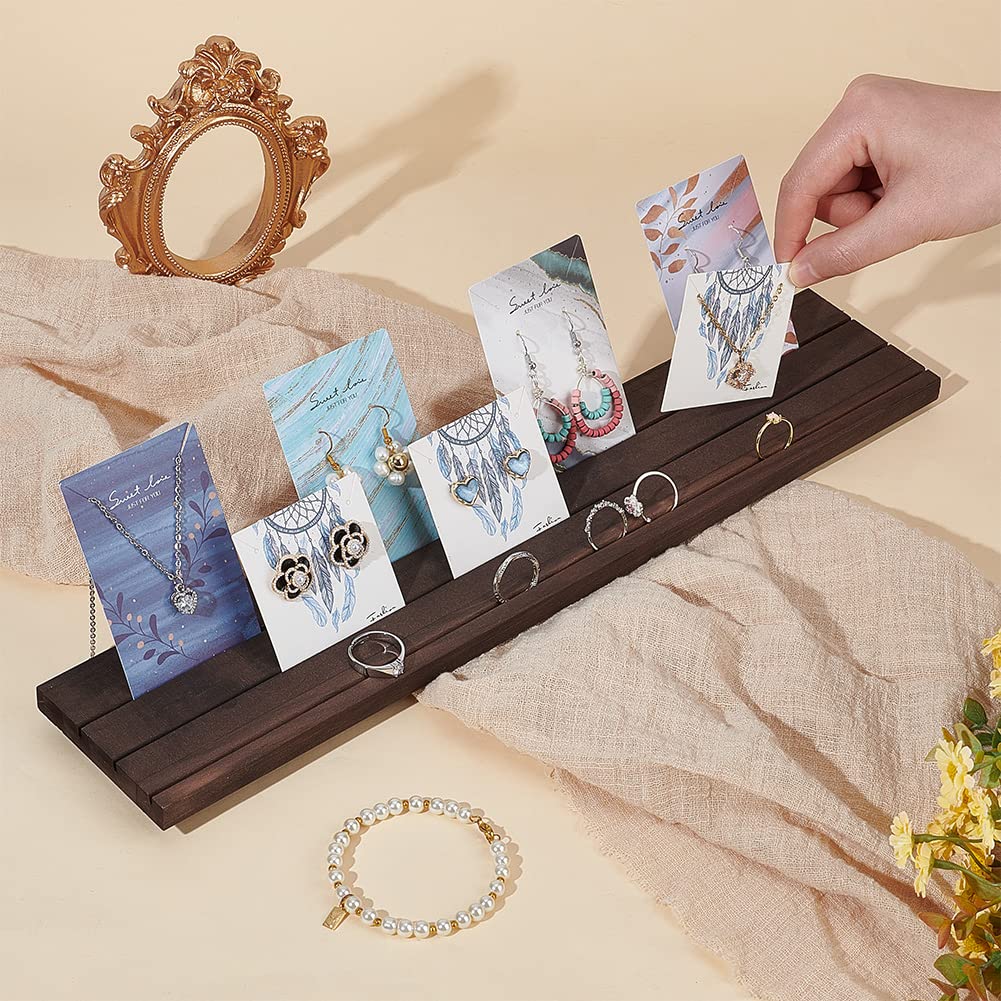 PH PandaHall Wooden Jewelry Display Stands, 3-Slot Wood Earring Card Holder Portable Jewelry Organizer Table Displays for Selling Earring Showing Jewelry Displaying, 15x3inch, Brown