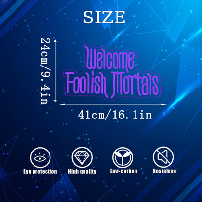 Welcome Foolish Mortals Neon Sign,Dimmable Spooky Gothic Haunted Mansion Decor Coffin LED Neon Signs for Wall Decor,USB Powered Led Neon Light for Party Haunted House Man Cave Birthday Christmas Gifts(16.1*9.4in) (Purple)