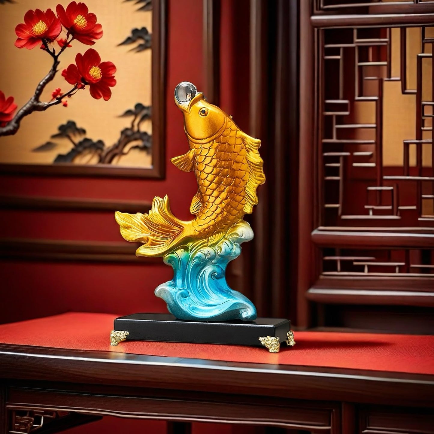 FUNSXBUG 13.3 Inch Large Chinese Feng Shui Fish Statue Sculpture Collectible Figurine Feng Shui Decor Home Office Decoration Tabletop Decor Ornaments Good Lucky Gifts (Gold)