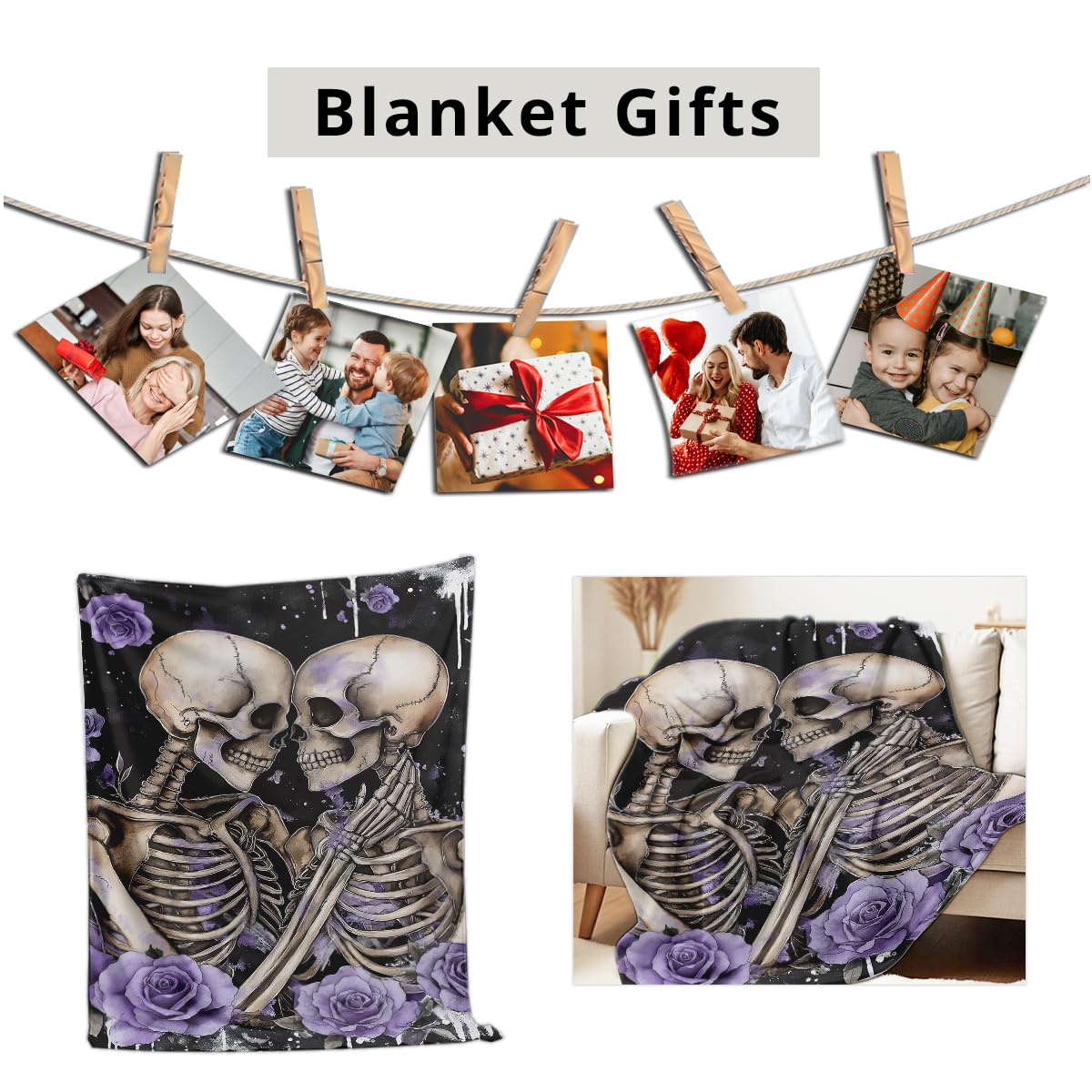 HUNXIAOJ Skeleton Couple Print Blanket Dark Romantic Flannel Throw Gothic Halloween Decor Skeleton Love Gifts for Adults Wedding Anniversary Blanket (49"x59")