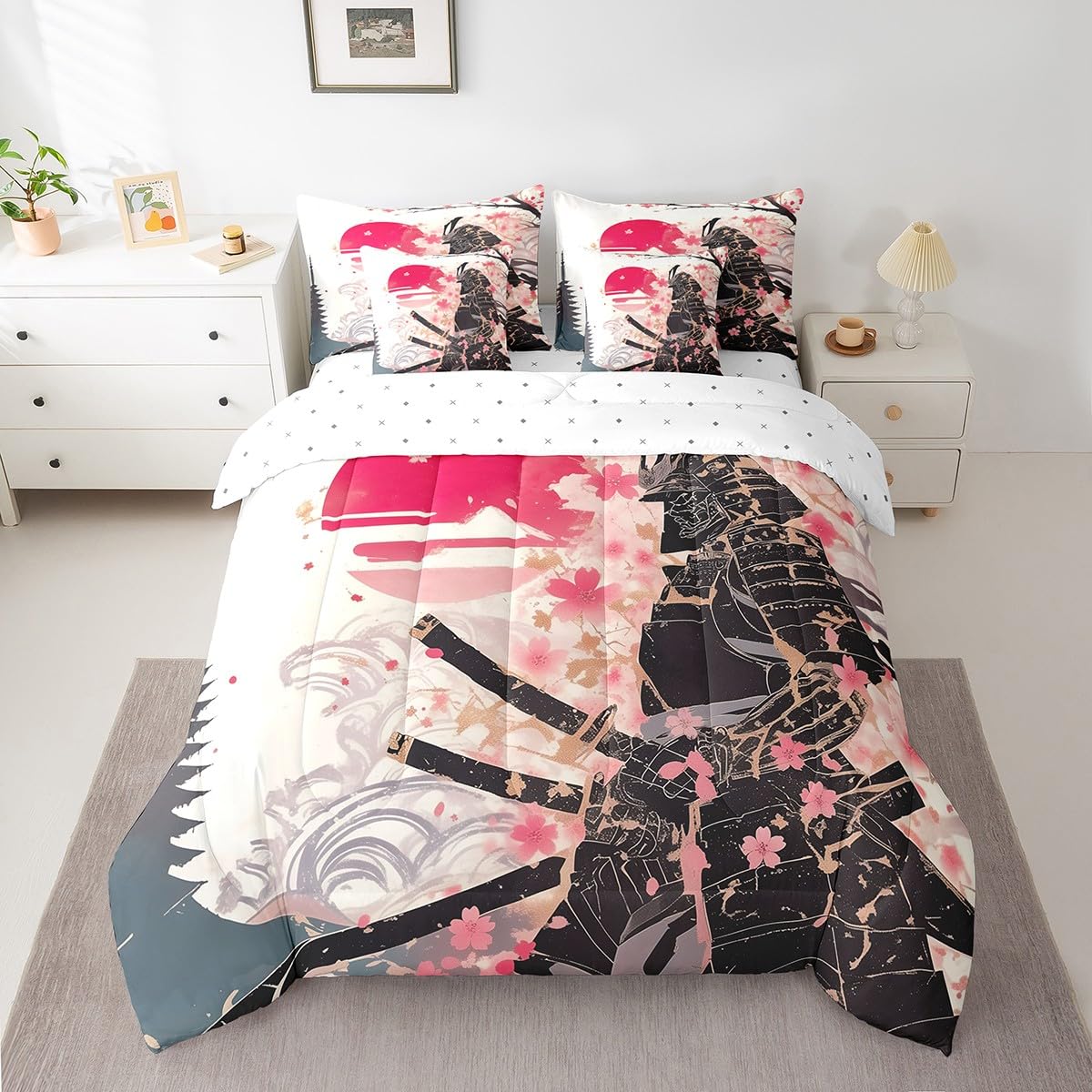 Erosebridal Japanese Samurai Queen Comforter Set,Pink Cherry Blossom Bedding Set with Sheets,Oriental Theme Bed Set 7 Piece for Kids Boys Men,Aesthetic Floral Bed in a Bag with Fitted+Flat Sheet