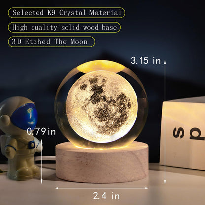 3D Moon Crystal Ball with LED Stand, Moon Figurine Decor Glass Sphere Lamp, Space Planet Globe Night Light Gifts for Women Men Mom Kids