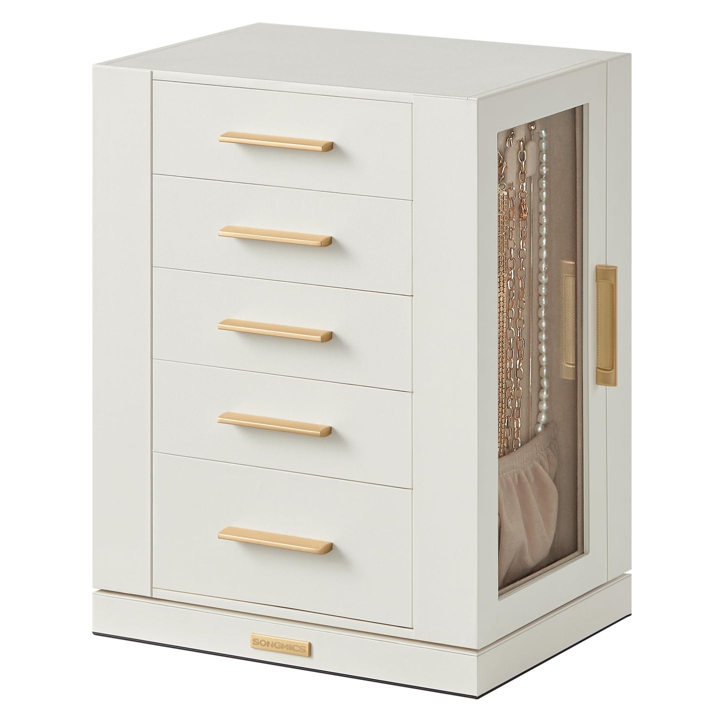 SONGMICS Jewellery Box 360° Rotating, Jewellery Organiser with 5 Drawers, Jewellery Display Case, Glass Window, Spacious, Vertical Jewellery Storage, Open Design, Great Gift, Cloud White JBC170W01