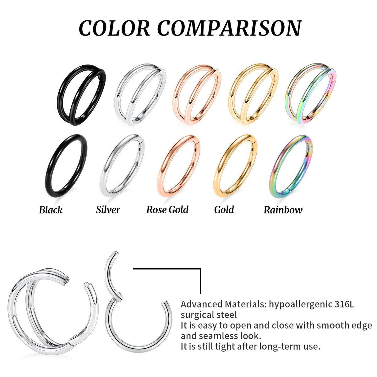 14g Nose Ring Hoop Earrings Double Hoop Nose Hoops 14 Gauge Lip Rings Septum Jewelry Seamless Silver Septum Clicker 12mm Septum Ring Cartilage Earring Helix Earrings Nose Rings Surgical Steel Piercing