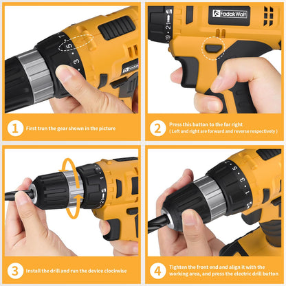 FADAKWALT 20V Cordless Drill Set ，Powerful Drill bit Sets,Torque 30N,21+1 Torque Setting,3/8” inch Keyless Chuck, 40pcs,Electric Drill with 2.0AH Li-Ion Battery and LED Light.