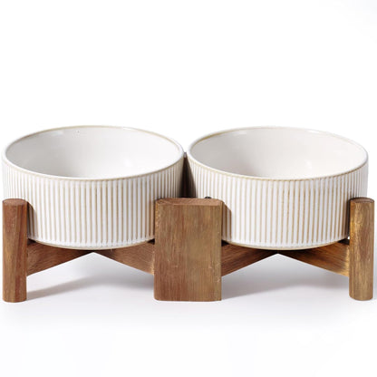 Getstar Ceramic Dog Bowls Set with Acacia Wood Stand, 3.5 Cups Pet Bowls Set of 2 for Medium Dogs, Cute Dog Food Bowl, Cat Bowls