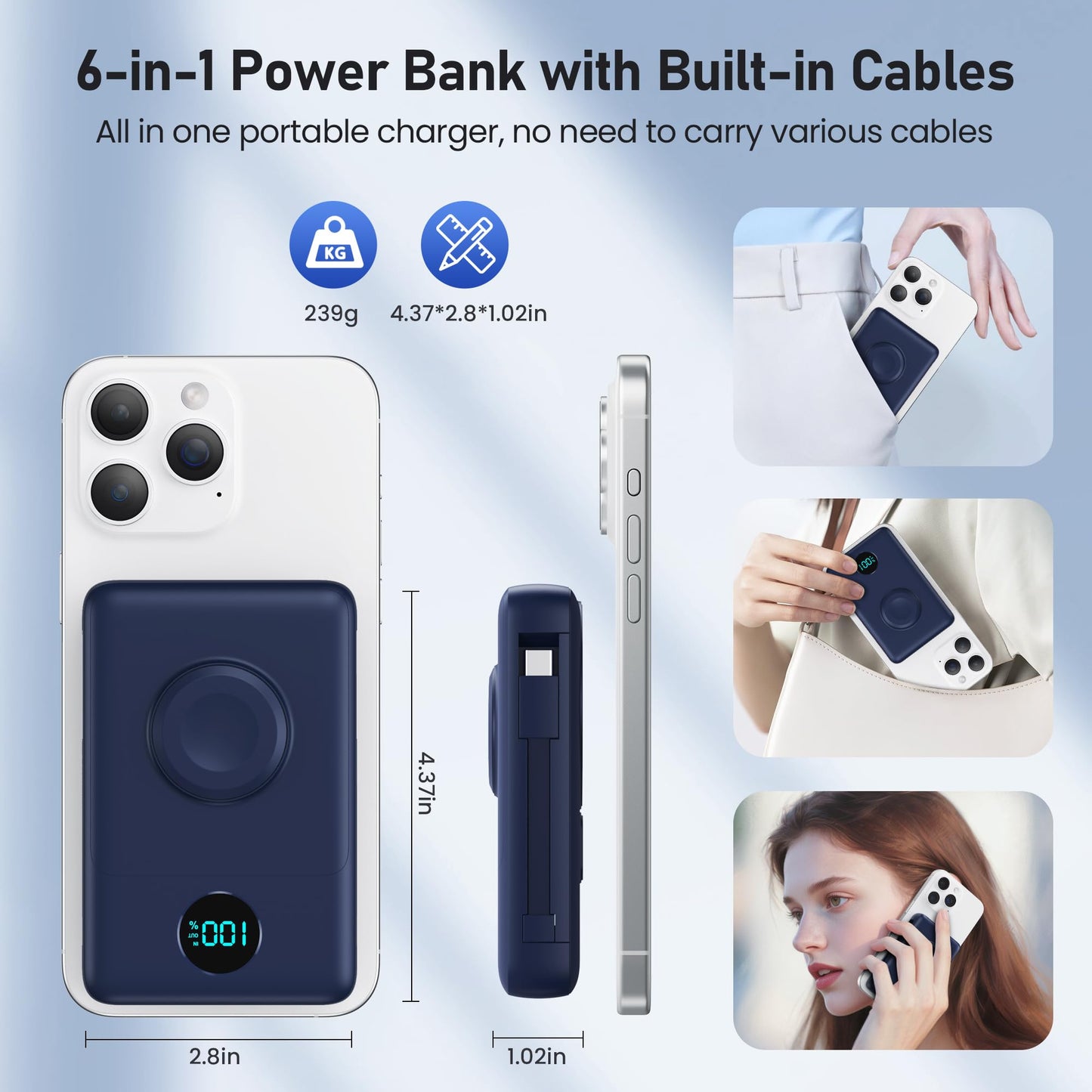 Magnetic Portable Charger for iPhone with Built-in Cables, 6-in-1 10800mAh Power Bank with iWatch Charger & LCD Display,25W PD Fast Charging Battery Pack for Magsafe,iPhone 16/15/14/13/12,Apple Watch