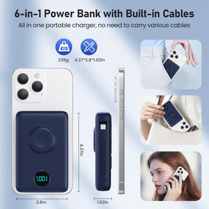 Magnetic Portable Charger for iPhone with Built-in Cables, 6-in-1 10800mAh Power Bank with iWatch Charger & LCD Display,25W PD Fast Charging Battery Pack for Magsafe,iPhone 16/15/14/13/12,Apple Watch