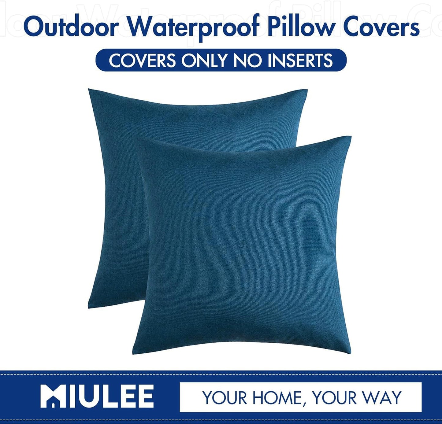 MIULEE Pack of 2 Decorative Outdoor Solid Waterproof Throw Pillow Covers Faux Linen Garden Farmhouse Coastal Cushion Cases for Summer Patio Tent Balcony Couch Sofa 18x18 Inch Blue