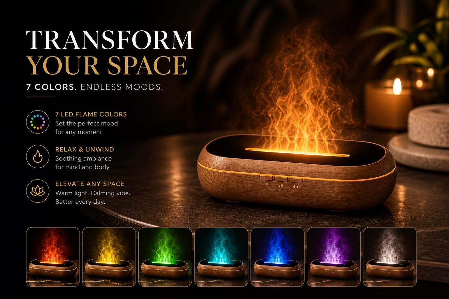 AquaAura LED Diffuser, 160ml Essential Oil Diffuser with Realistic Flame Mist, 7 LED Colors, Timer & Auto Shut-Off for Bedroom, Home, and Office