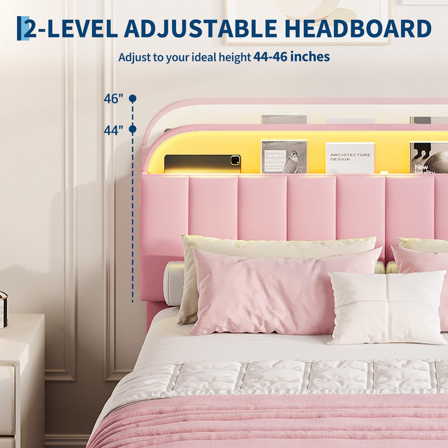 Garvee Twin Size Bed Frame with 2 Flexible Drawers, Velvet Upholstered Platform Bed Frame with Bookcase Headboard and LED Lights, Kids Bed for Girls, Easy Assembly, Noise Free, Pink
