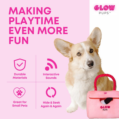 Glow Pups "Fashion Forward Walking Bundle: Pink Designer-Style Plush Purse Dog Toy Set (Includes Paw-Phone, Lipstick, Nail Polish) + Matching Light Pink Hands-Free Rope Dog Leash (5-Piece Set)