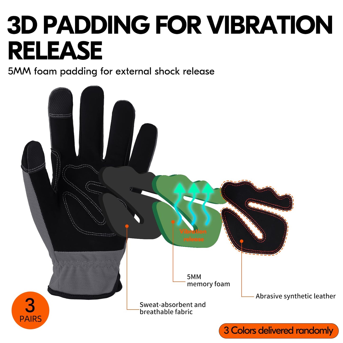 Vgo... 3 Pairs Safety Work Gloves - Builder & Gardening Gloves (Size L, 3 Colours, NB7581)