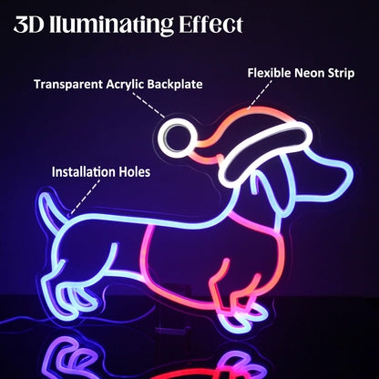 Dachshund Neon Sign Christmas Hat Neon LED Sign Weiner Dog Neon Lights for Bedroom Puppy LED Sign Animal Wall Art Cute Dog Neon Light Up Sign for Pet Shop Party Decor Christmas Gift