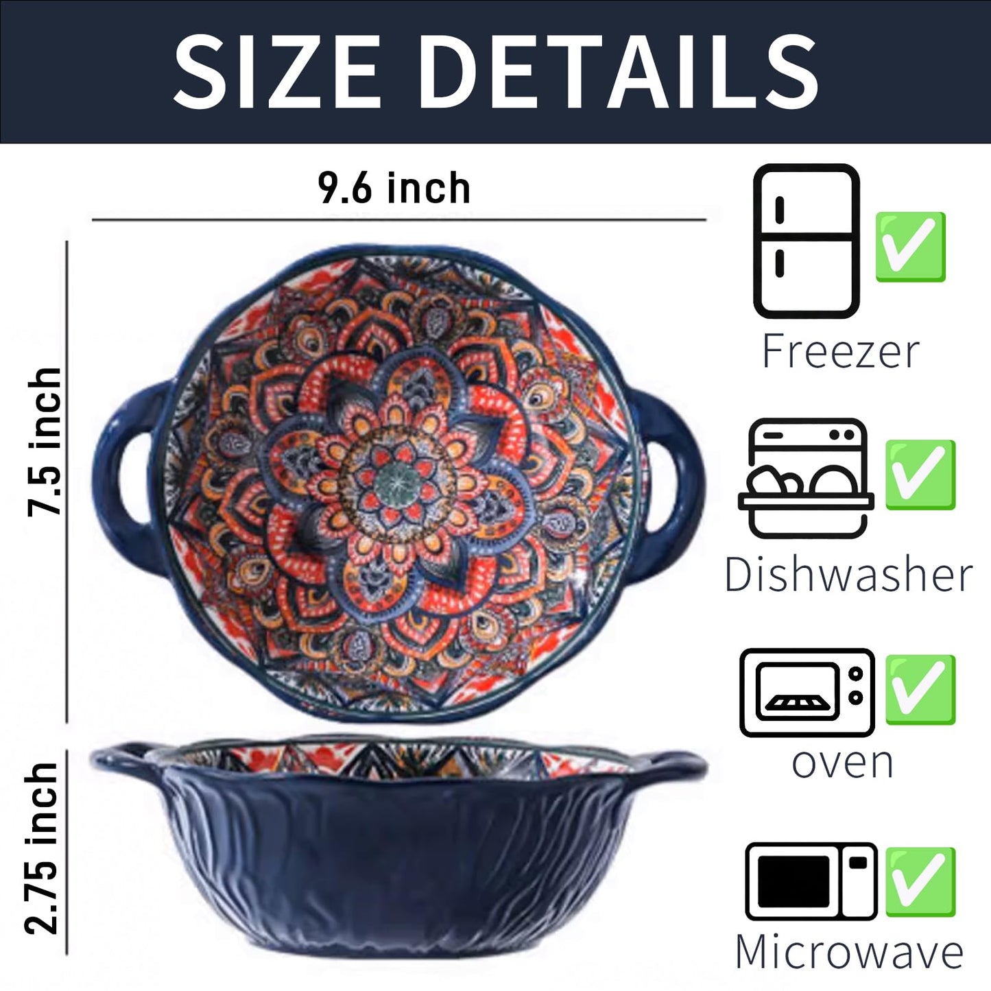 Ronanemon Bohemia Large Bowls with Handle, 40 oz Ceramic Soup Bowl for Salad, Pasta, Cereal,Fruit, Udon, Microwave & Dishwasher Safe (Blue)