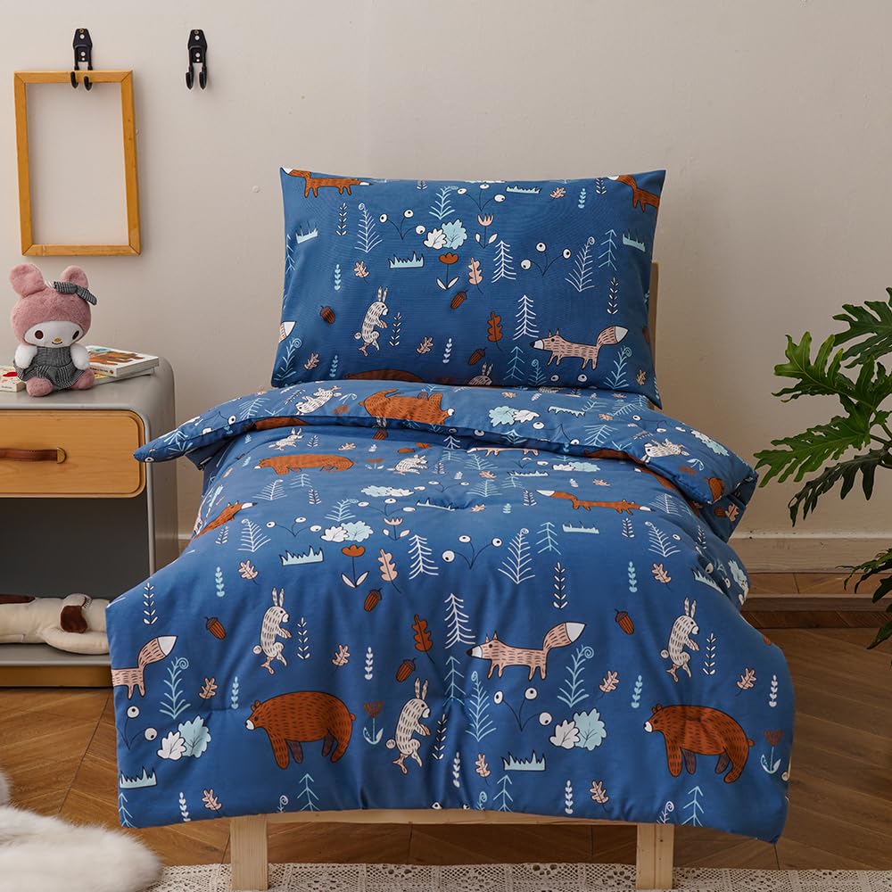 CLOTHKNOW 4Pieces Blue Toddler Bedding Sets for Boys Girls Animal Cartoon Comforter Sets Soft Crib Bed Set Including Comforter, Flat Sheet, Fitted Sheet and Pillowcase