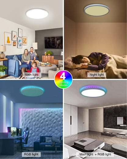 Peasur 30CM LED Ceiling Light 3000-6500K, 24W 3200LM Bathroom Light Dimmable with Remote Control, RGB Color Changing Backlight, Flush Round Ceiling Lights for Bedroom Kitchen Hallway