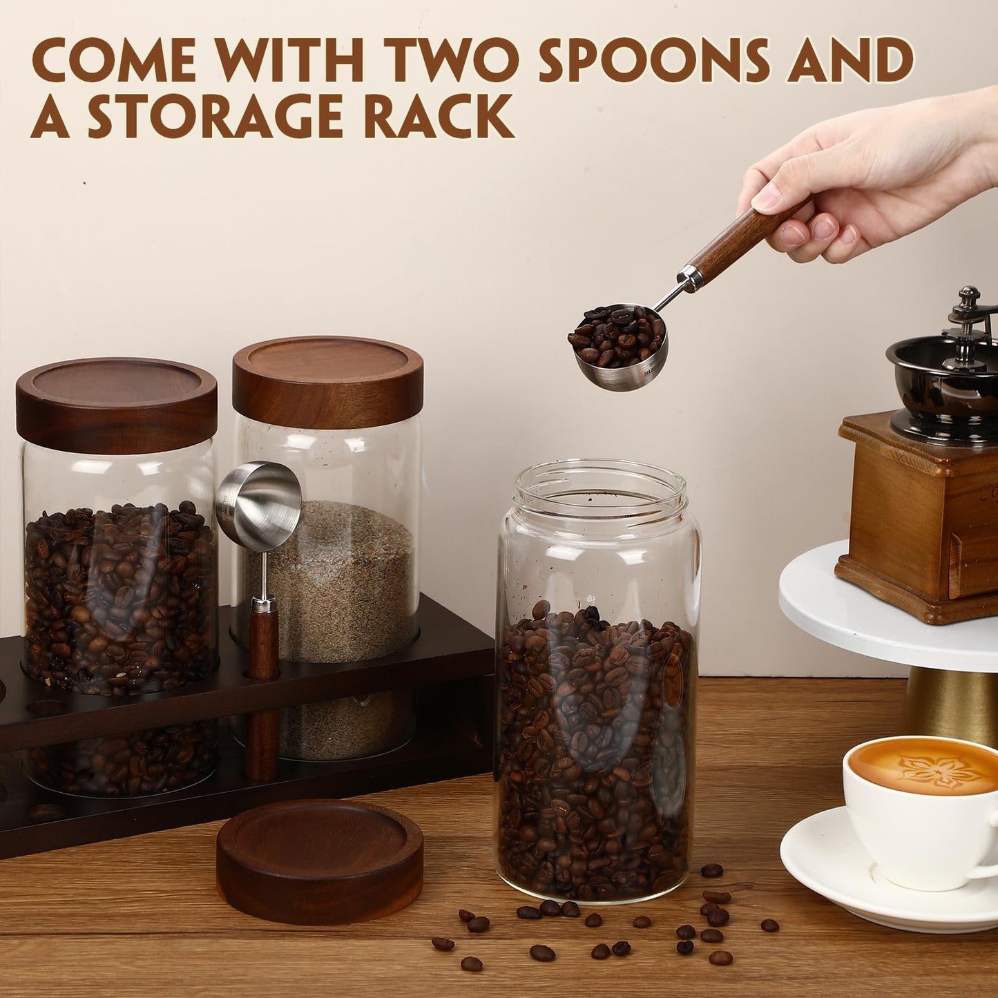 Suclain 3 Pcs Glass Coffee Bean Container 44 oz Airtight Coffee Canister with Shelf and Measuring Spoon Kitchen Food Canister Jar for Sugar Candy(Fashion Style)