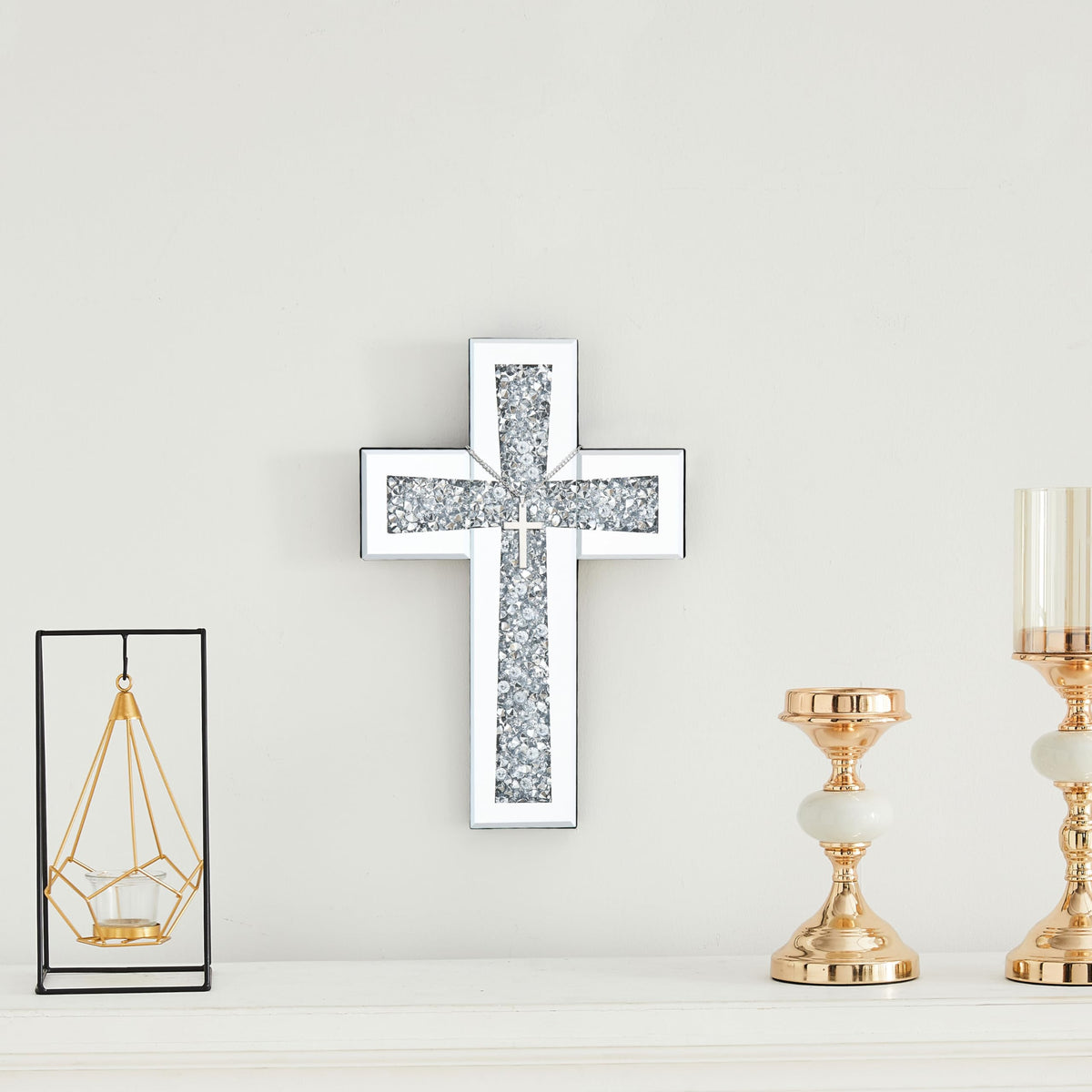 Aeveco Cross Wall Decor, Silver Mirrored Cross for Living Room, Crystal Crush Diamond Mirror Crosses, Religious Wall Art, Home Decor