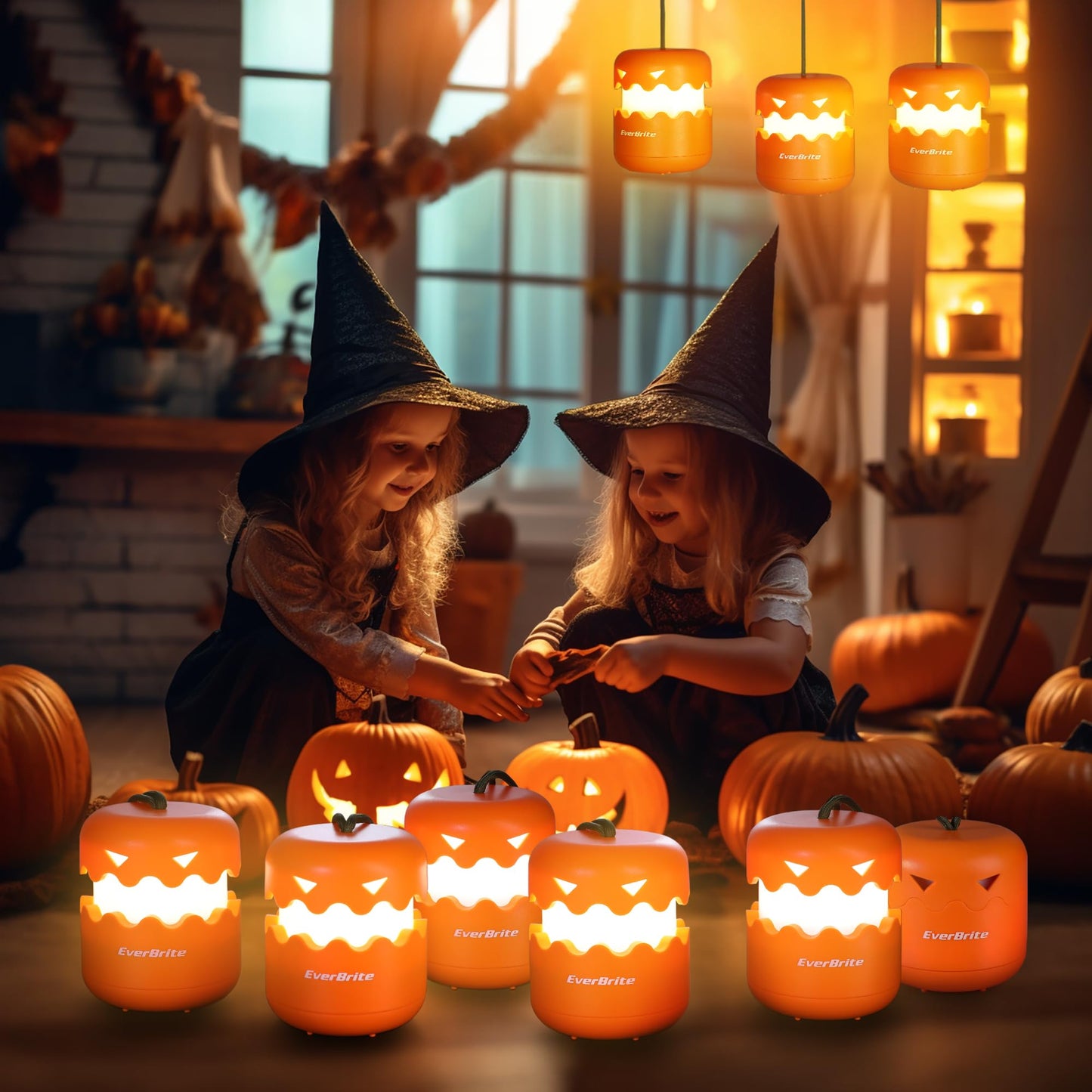 EverBrite 6-Pack Halloween Pumpkin Lantern, Collapsible Jack O Lantern Pumpkins with Lanyard, Halloween Party Favors, Light up Pumpkin Outdoor for Halloween Party Decoration, Battery Included